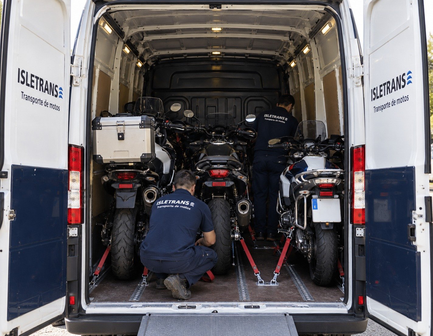 Equipo de Isletrans anclando motos en el interior de la furgoneta